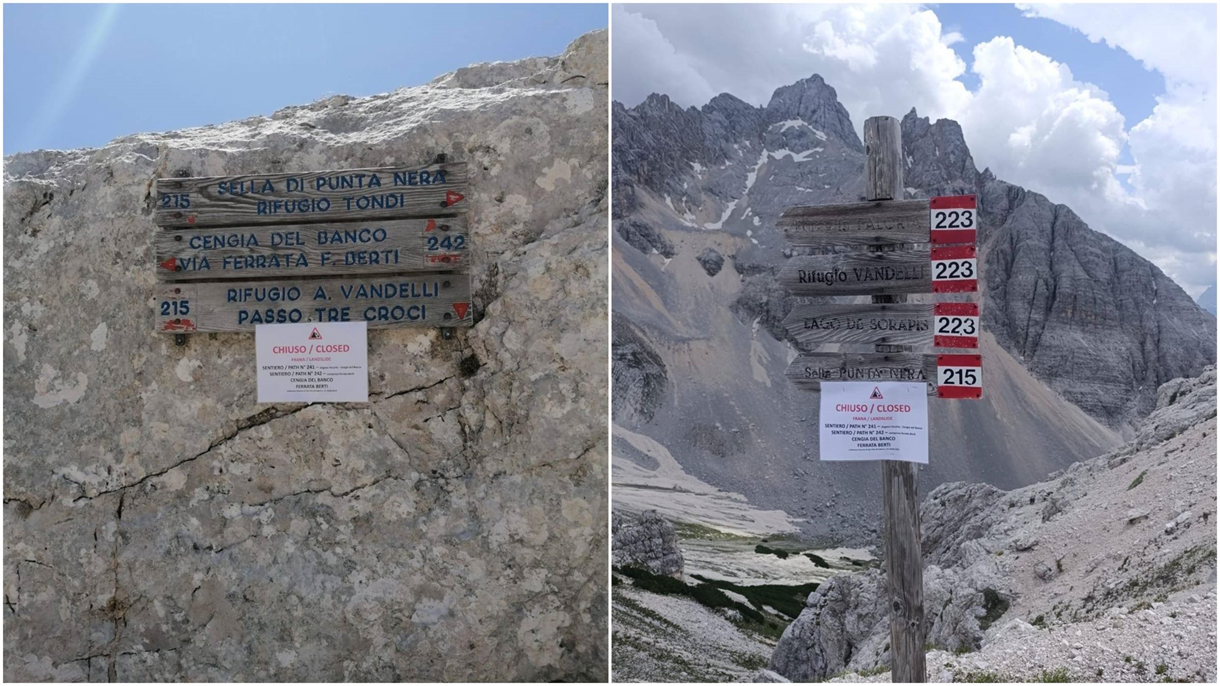 一名英國登山客無視4「禁入」標語，結果受困在義大利山區。（翻攝自臉書@Soccorso Alpino e Speleologico Veneto - CNSAS）
