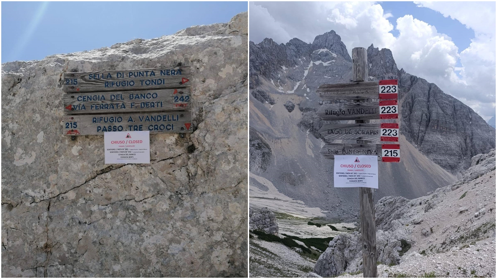 一名英國登山客無視4「禁入」標語，結果受困在義大利山區。（翻攝自臉書@Soccorso Alpino e Speleologico Veneto - CNSAS）