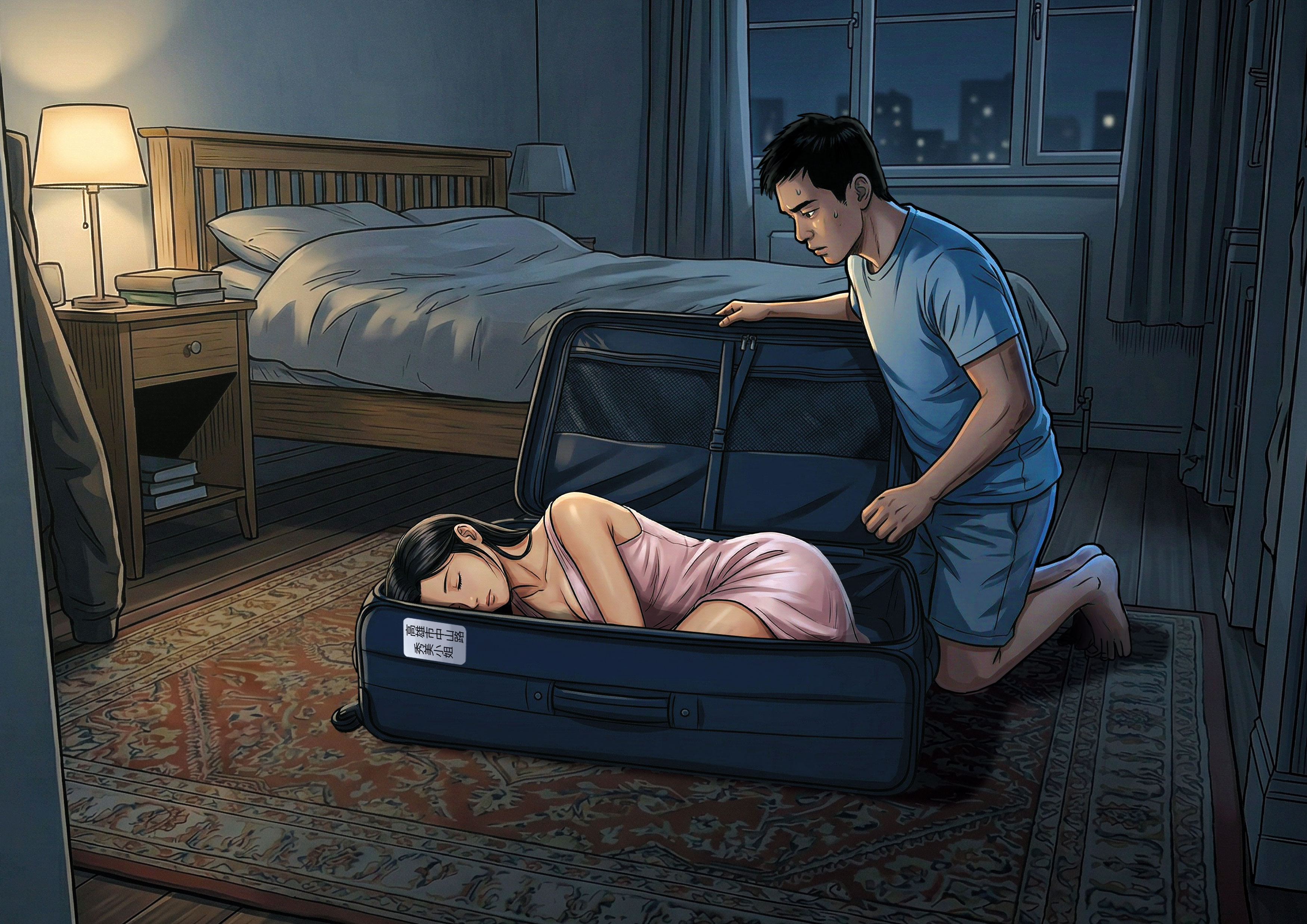 黃姓男子勒斃小姨子，將屍體雙腿綑綁成跪姿，塞進行李箱後棄屍。（示意畫面，AI繪圖Freepik生成，本刊美術組後製）