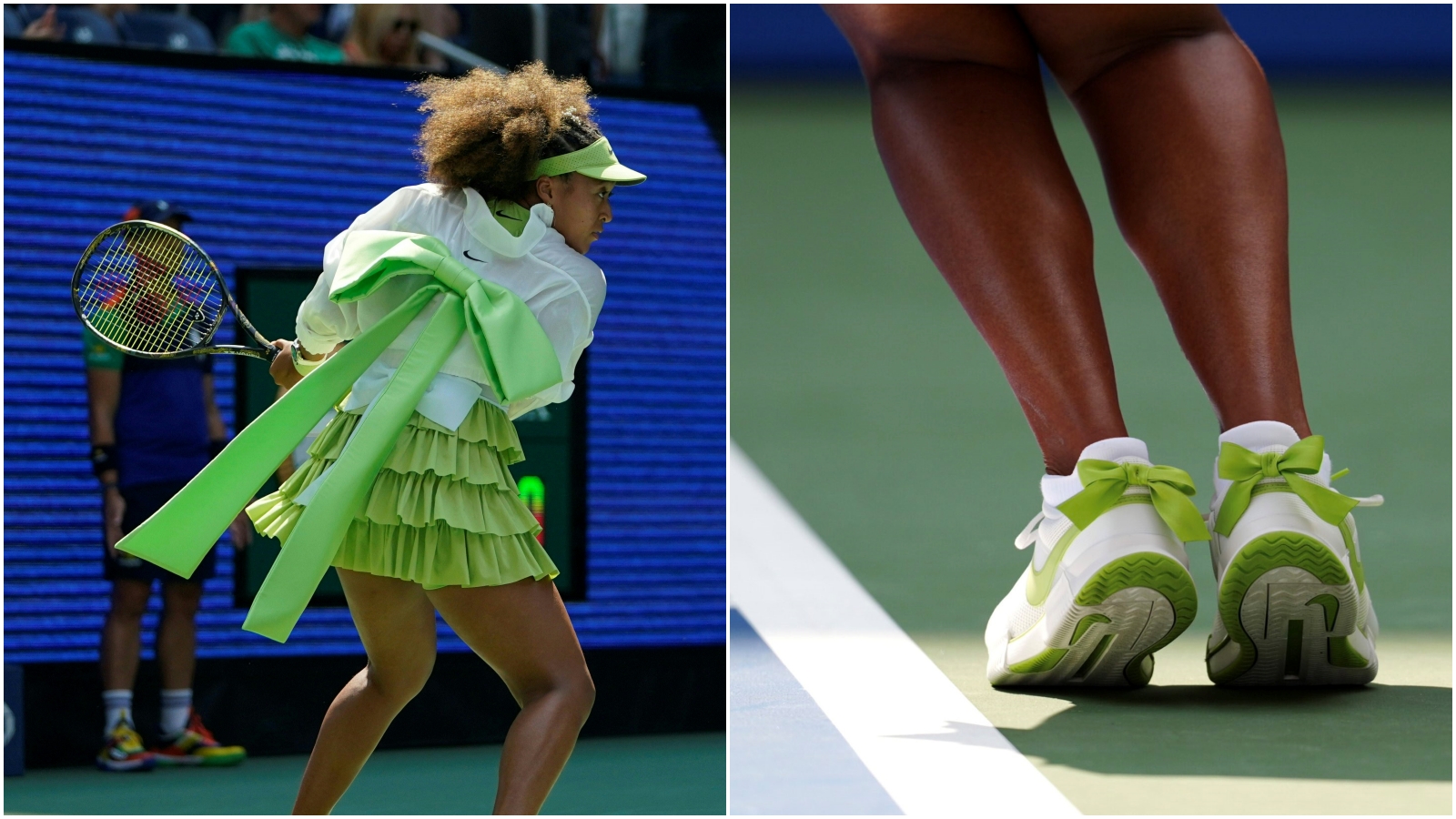 大坂直美穿著亮綠色蓬蓬裙＋超大蝴蝶結進場，成為全場焦點。（翻攝自X）