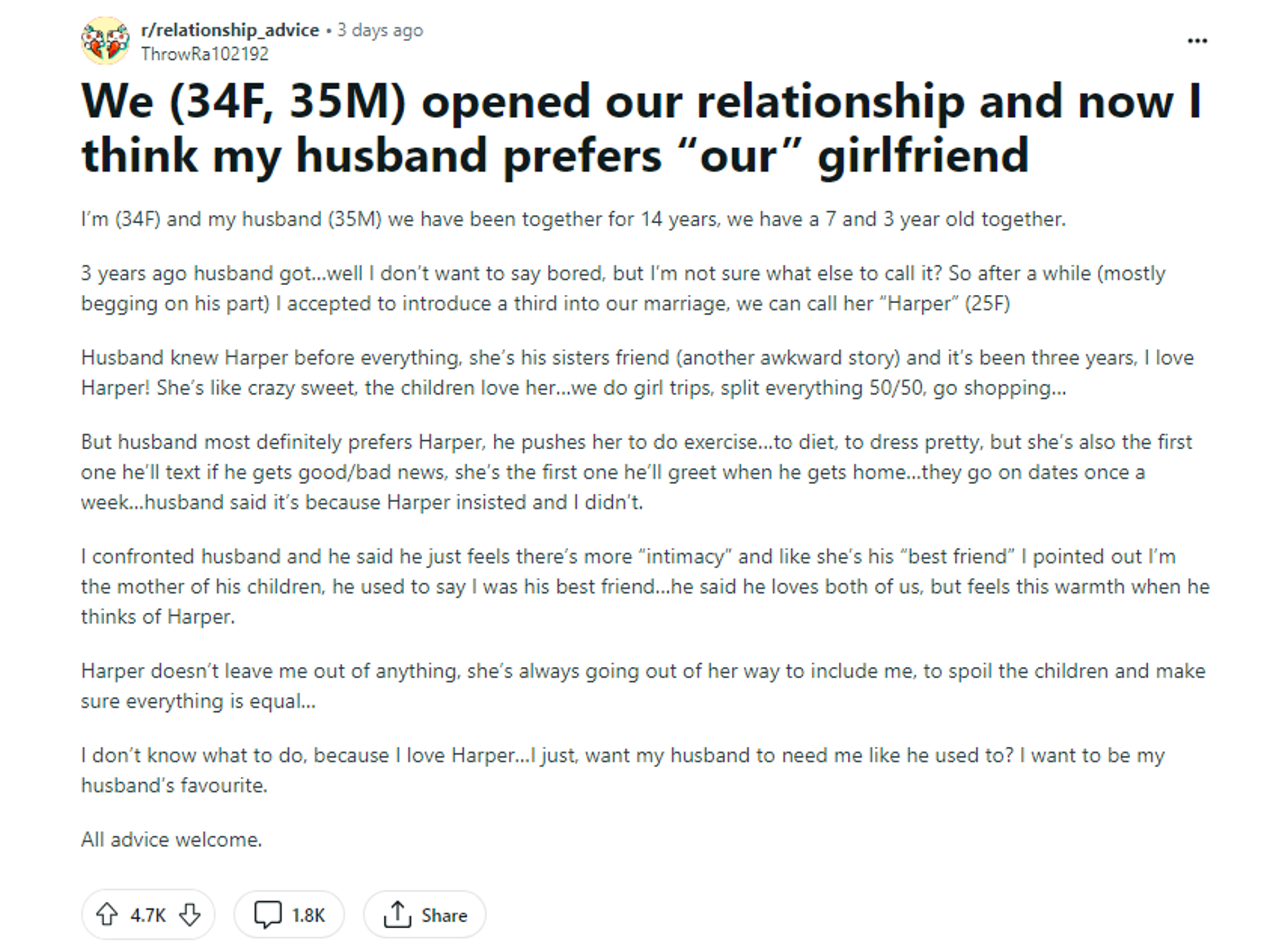 國外一名人妻發文抱怨,自己和老公的婚姻關係出了問題。(翻攝Reddit)