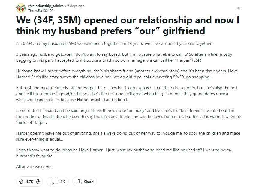 國外一名人妻發文抱怨,自己和老公的婚姻關係出了問題。(翻攝Reddit)