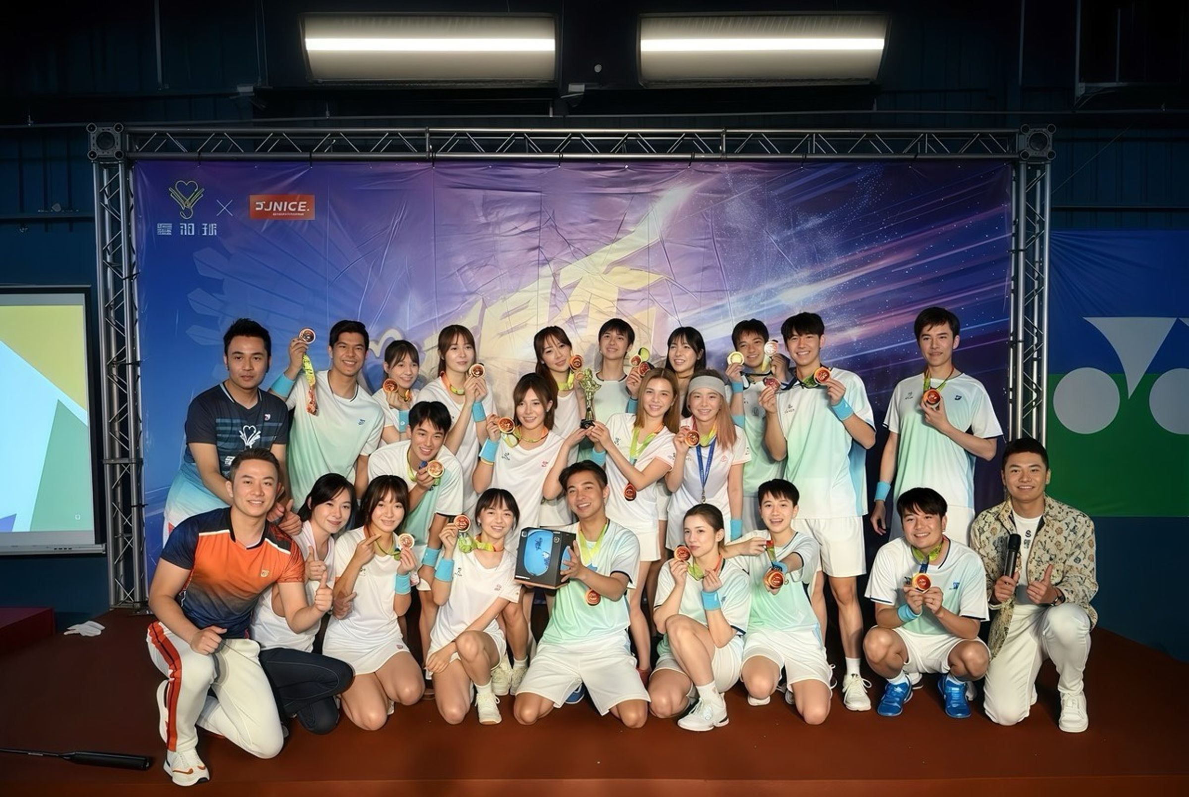 愛星盃藍隊奪冠，隊長謝承均（中）帶領團員林俊逸、李易、鄭靚歆、鄭采熙、李博翔等等歡樂合影。（陳孝志提供）