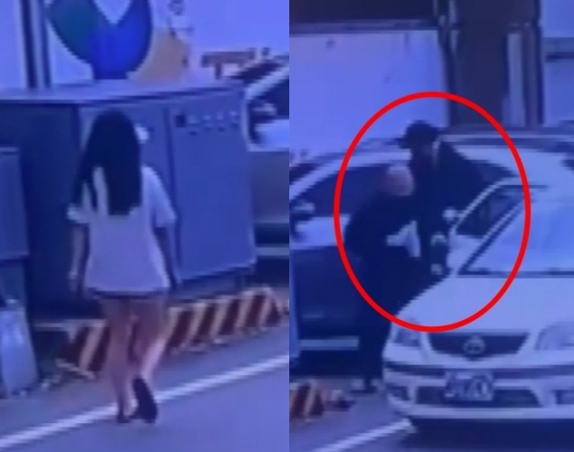 一名人妻在準備取車時，被埋伏的歹徒們強行拖上車載走。（翻攝畫面）