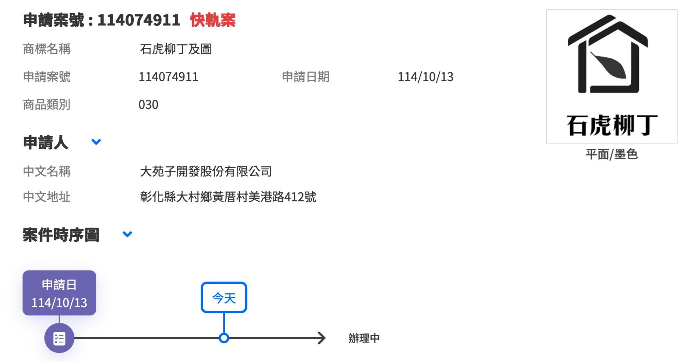 大苑子被發現搶先註冊石虎柳丁商標,但業者解釋是慣例。(翻攝自商標檢索系統)