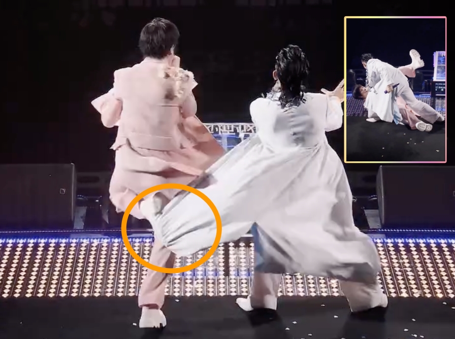 五月天阿信（左）昨（11日）在成都「F✦FOREVER恆星之城」演唱會上又跌倒了。（翻攝阿信Threads）