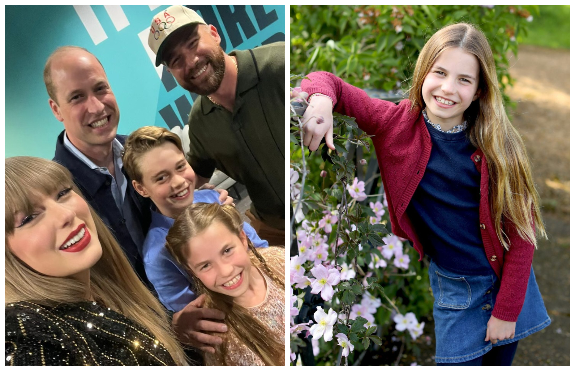 泰勒絲與王室成員，以及男友特拉維斯凱爾西自拍（左圖），刊稱「年度最佳自拍照」。夏綠蒂公主（右圖）當天的表現，讓人印象深刻。（翻攝Taylor Swift IG、princeandprincessofwales IG）