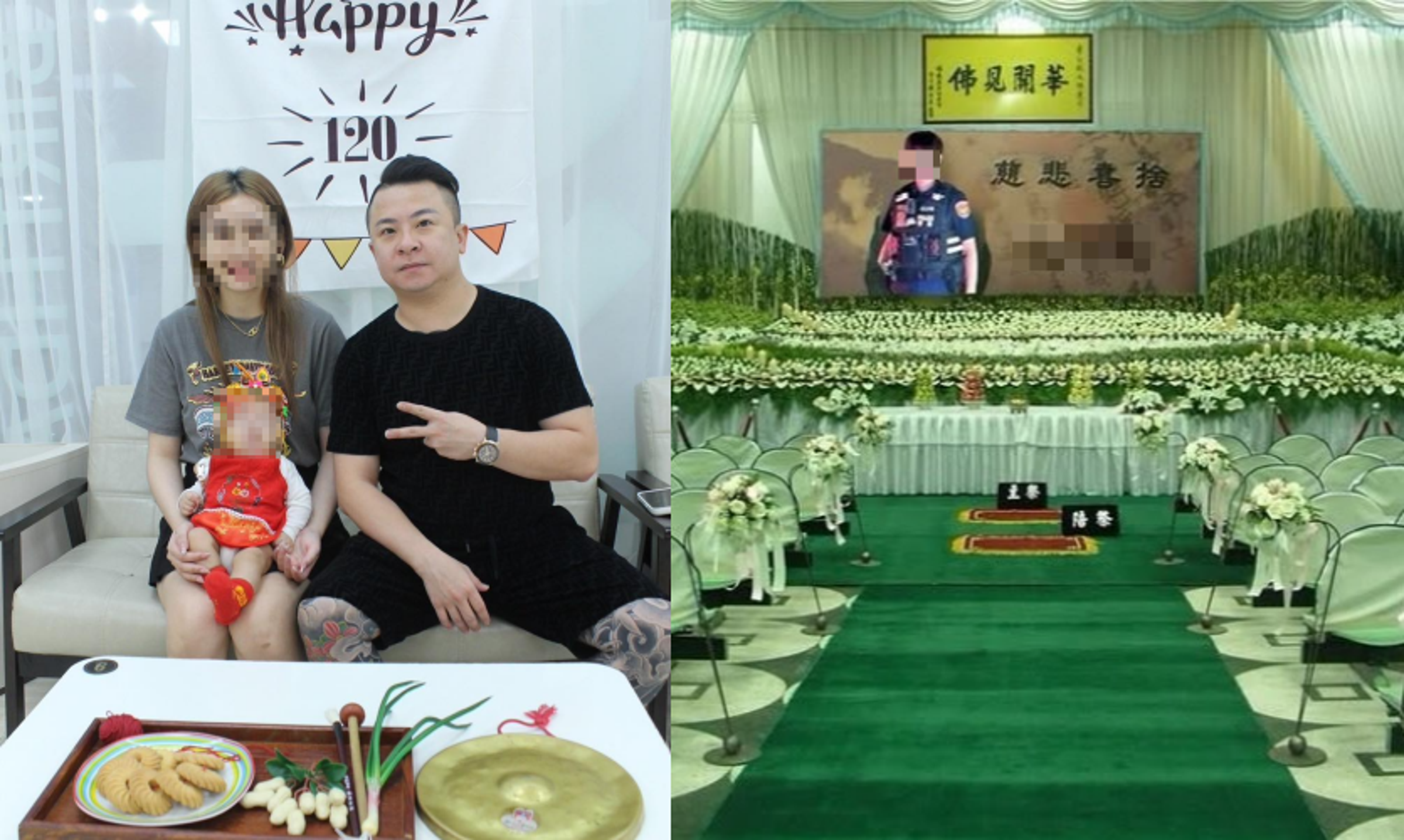 疲老闆（左圖右）在臉書公開合成靈堂照（右），怒控妻子（左圖左後）與3男不倫，引發網友熱議。（翻攝自疲老闆臉書）