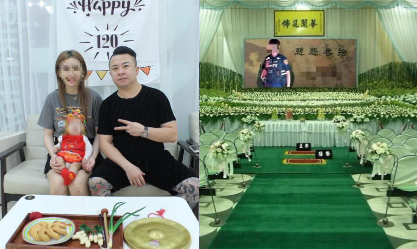 疲老闆（左圖右）在臉書公開合成靈堂照（右），怒控妻子（左圖左後）與3男不倫，引發網友熱議。（翻攝自疲老闆臉書）