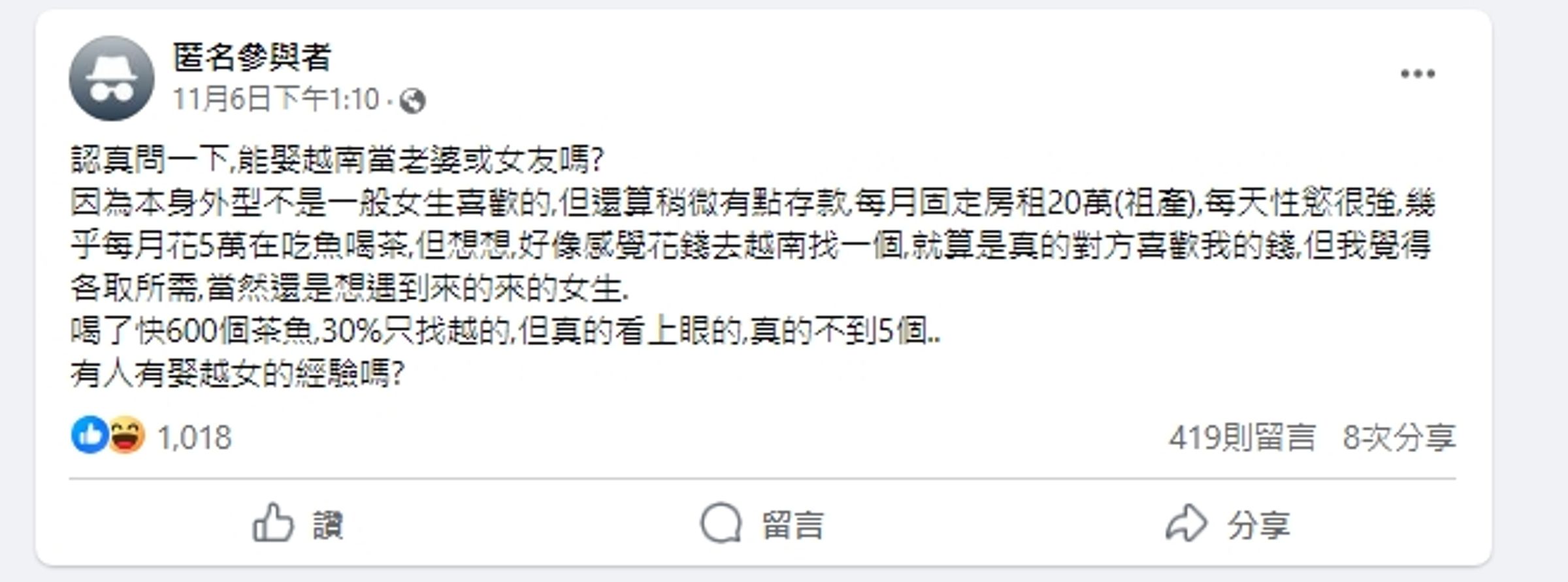 一名網友在社團內PO文詢問意見。（翻攝自匿名2公社）