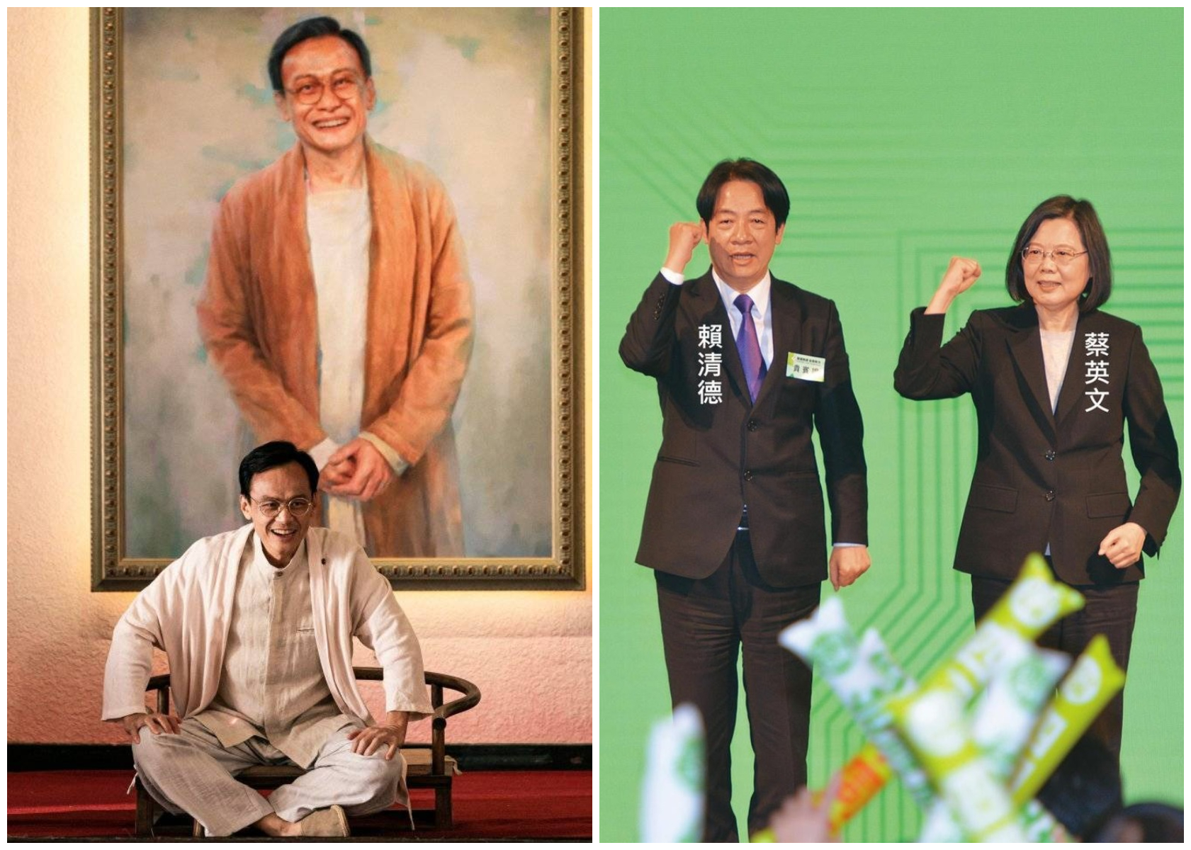 有網友把《周楚除三害》尊者（左圖）的頭，換成蔡英文、賴清德（右圖）臉孔。（翻攝劇照、本刊資料照）