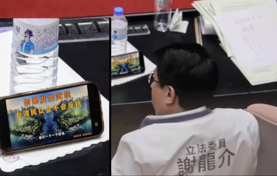 謝龍介被抓包在立法院內看統戰影片，他強調若中國武力犯台，自己會站在第一線抵抗。（翻攝自郭國文臉書）