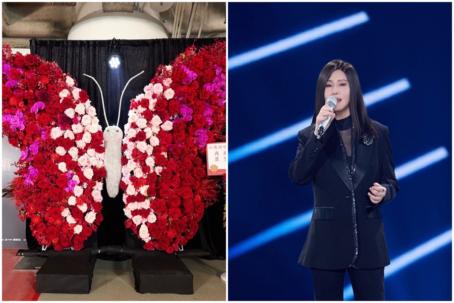 江蕙今晚在小巨蛋開唱，費玉清送上「巨型蝴蝶」花禮給江蕙。（寬宏藝術提供）