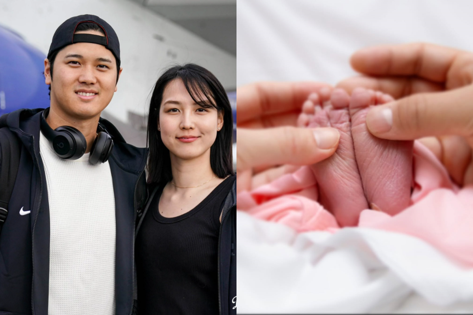 大谷翔平的妻子田中真美子順利產子，大谷在社群分享喜訊。（合成圖，左翻攝自X@Los Dodgers、右翻攝自Instagram@shoheiohtani）