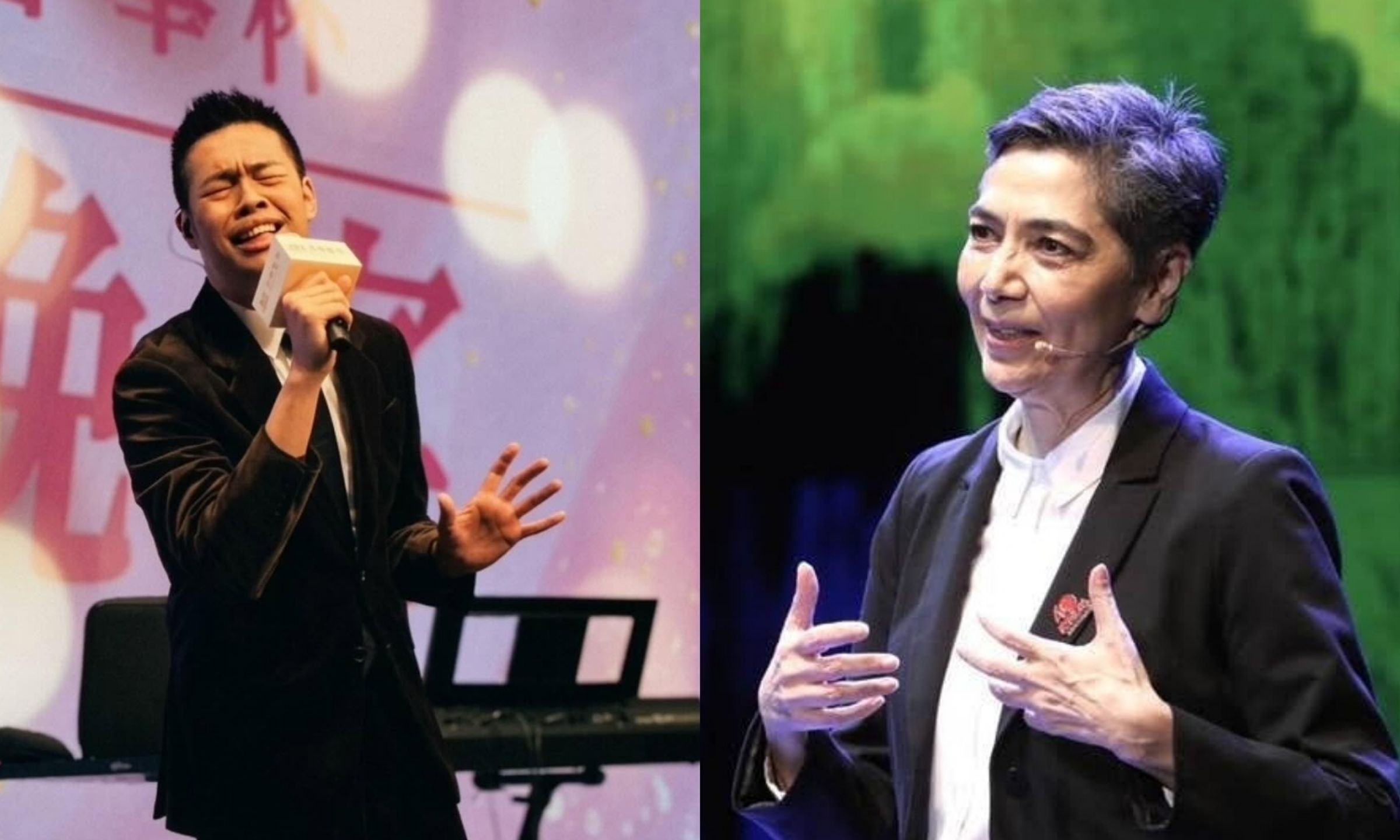 賴佩霞(右)、陳大天曾因不同原因退出舞台劇演出,前者在《蘑菇》開演前辭演,後者則是在《三個傻瓜》巡演期間因涉嫌逃兵遭換角。(翻攝陳大天、賴佩霞 FB)