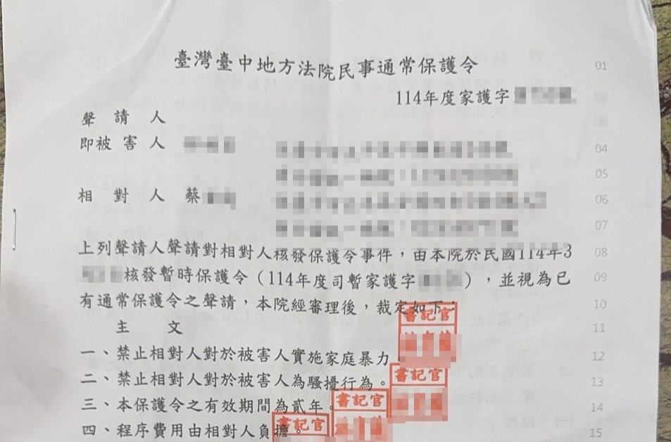 上個月台中地院核發保護令給L先生。（讀者提供）
