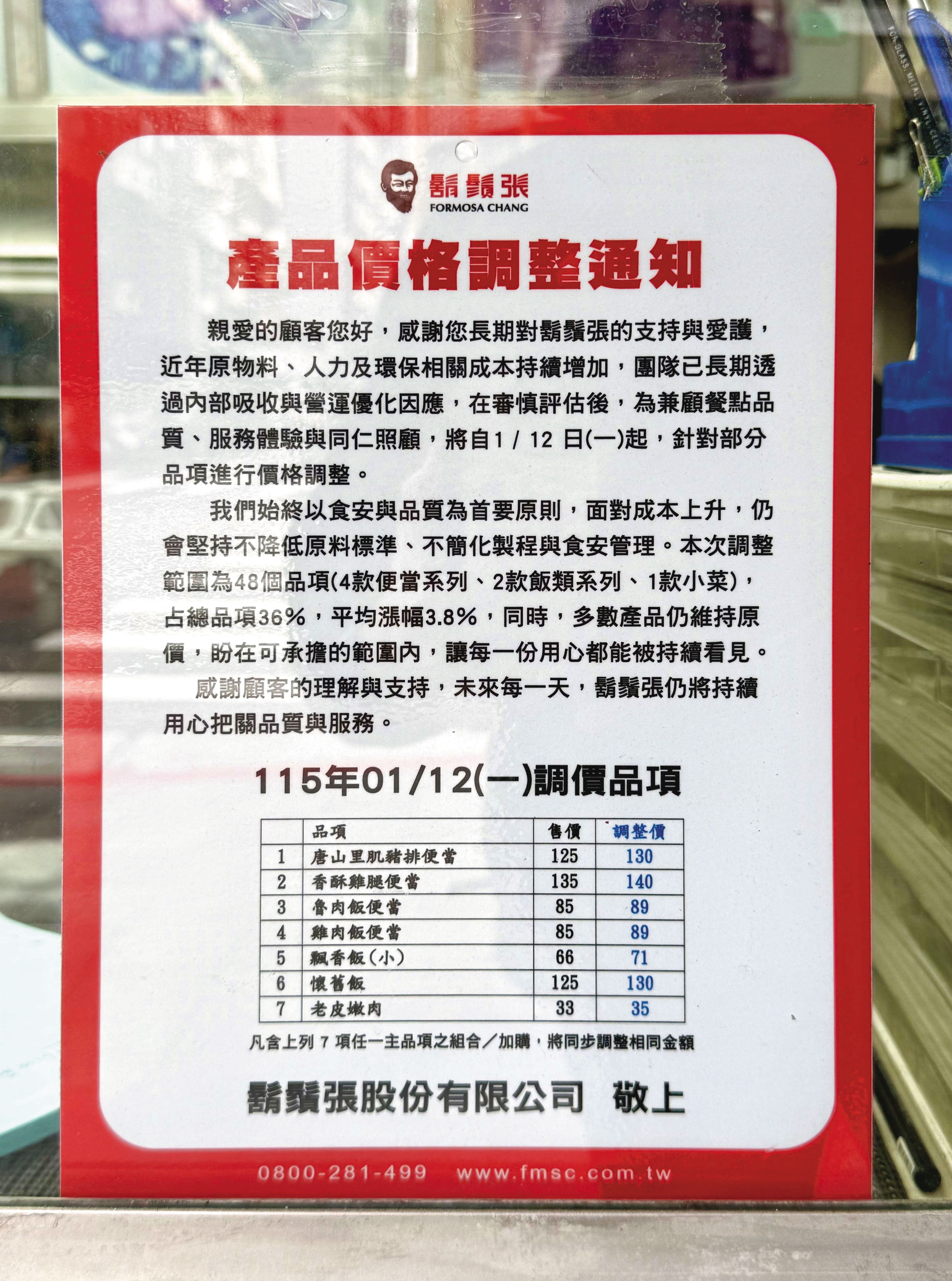 鬍鬚張宣布，從1月12日起部分品項漲價，平均漲幅為3.8％。