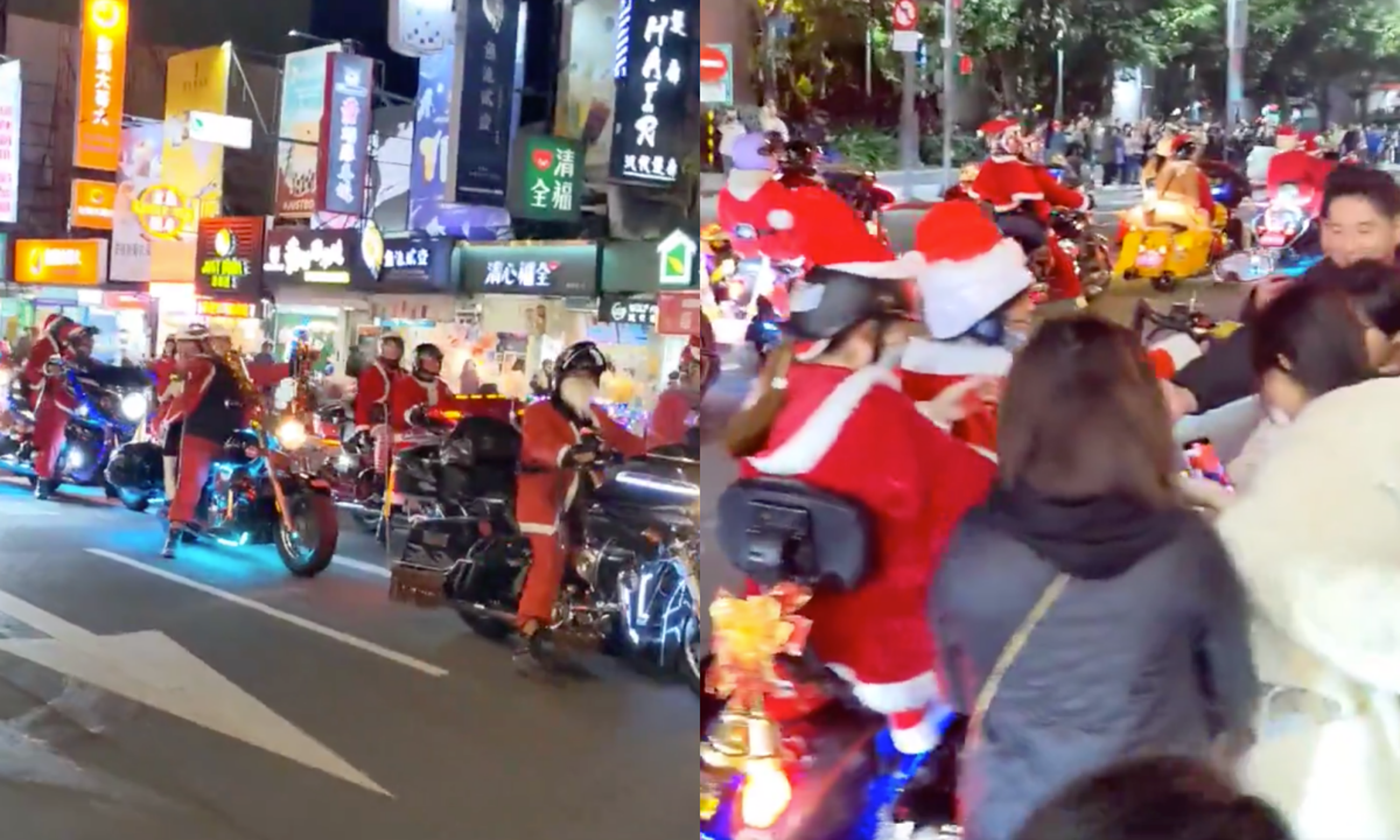 重機騎士扮成耶誕老人一起上街,還發糖果給民眾。(翻攝自推特@Gairaku_tw)