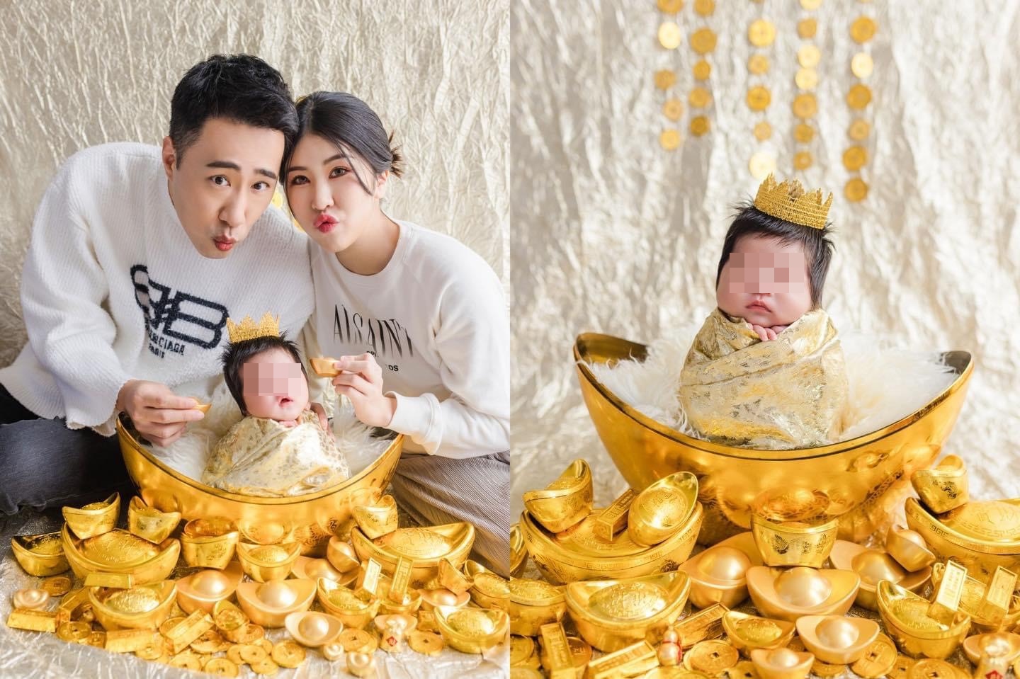 余祥銓和柔柔與小元寶在金元寶主題拍照，相當可愛。（翻攝自余祥銓臉書）