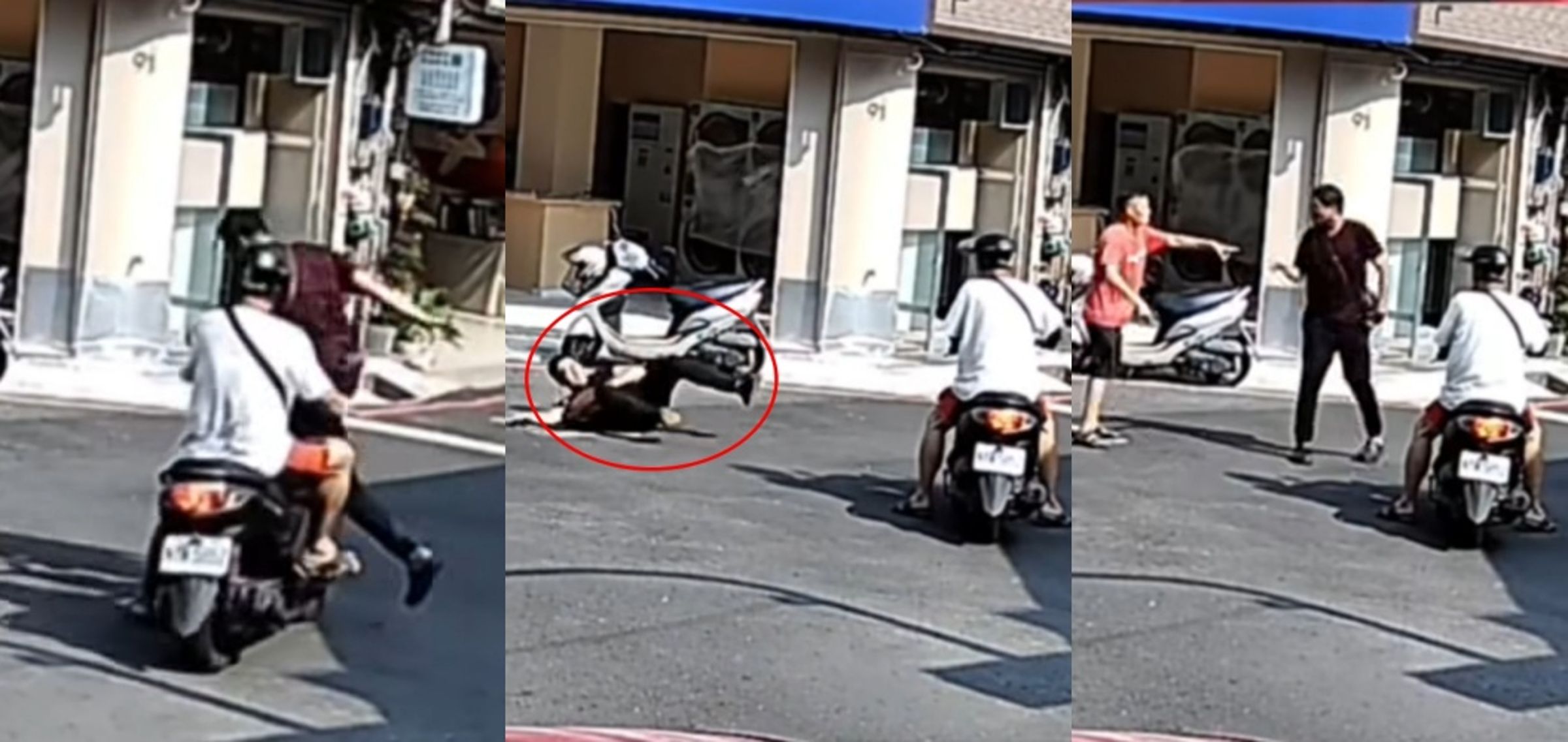 搶匪逃跑時撞上騎著機車的阿伯,摔倒後被老闆追上。(翻攝自爆料公社)