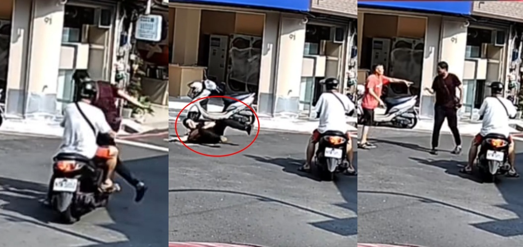 搶匪逃跑時撞上騎著機車的阿伯，摔倒後被老闆追上。（翻攝自爆料公社）