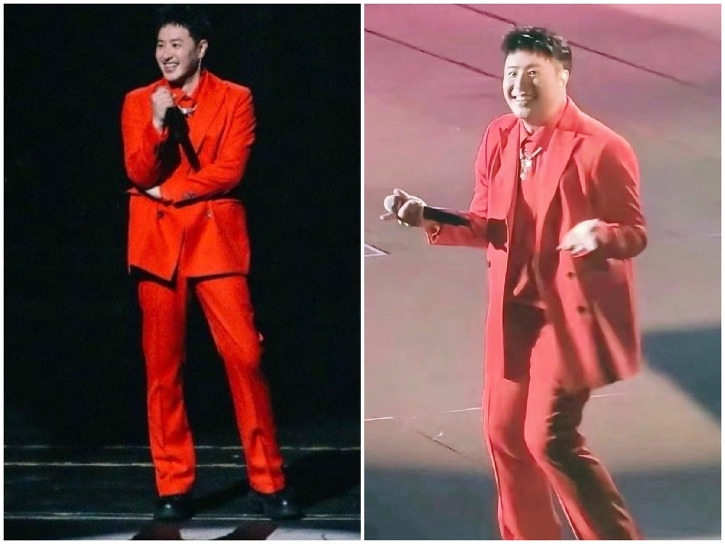 潘瑋柏3月遭黑的爆肥照與舞台上真實畫面對比。(翻攝自臉書)