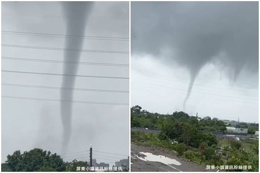 屏東縣萬丹鄉今（11日）有民眾目擊，遠方天空出現疑似「龍捲風」的雲體。（翻攝自屏東小鎮資訊臉書）