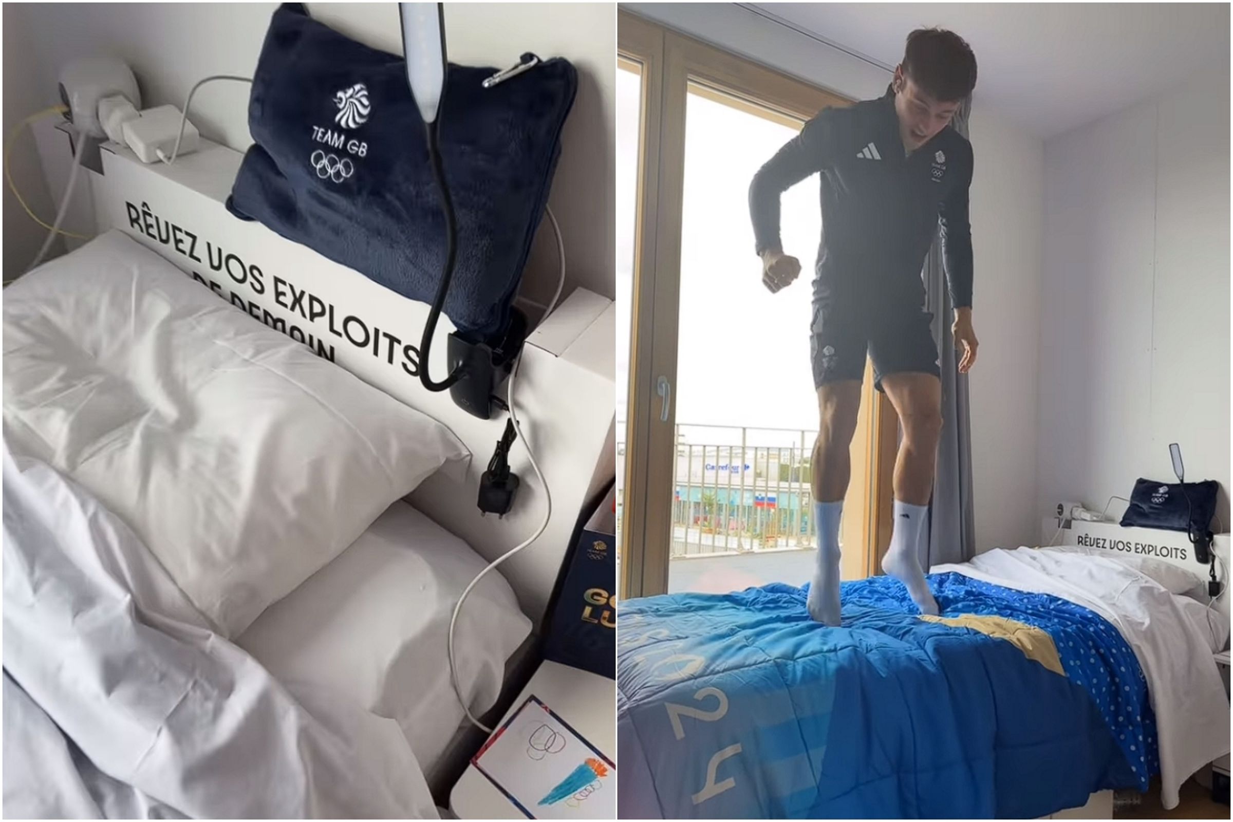 本屆奧運同樣採用紙板床，湯姆為大家實測堅固程度。（翻攝自Instagram @tomdaley）