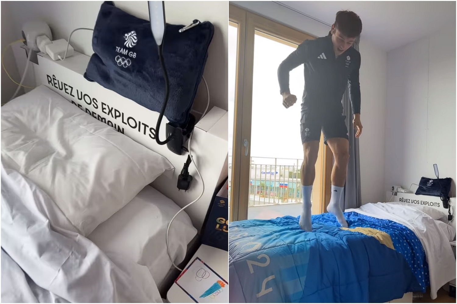 本屆奧運同樣採用紙板床，湯姆為大家實測堅固程度。（翻攝自Instagram @tomdaley）