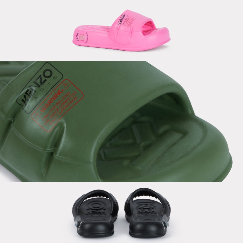 KENZO Splash拖鞋共有煙燻粉、軍綠色以及黑色可供選擇。各NT$10,300（惇聚國際提供）