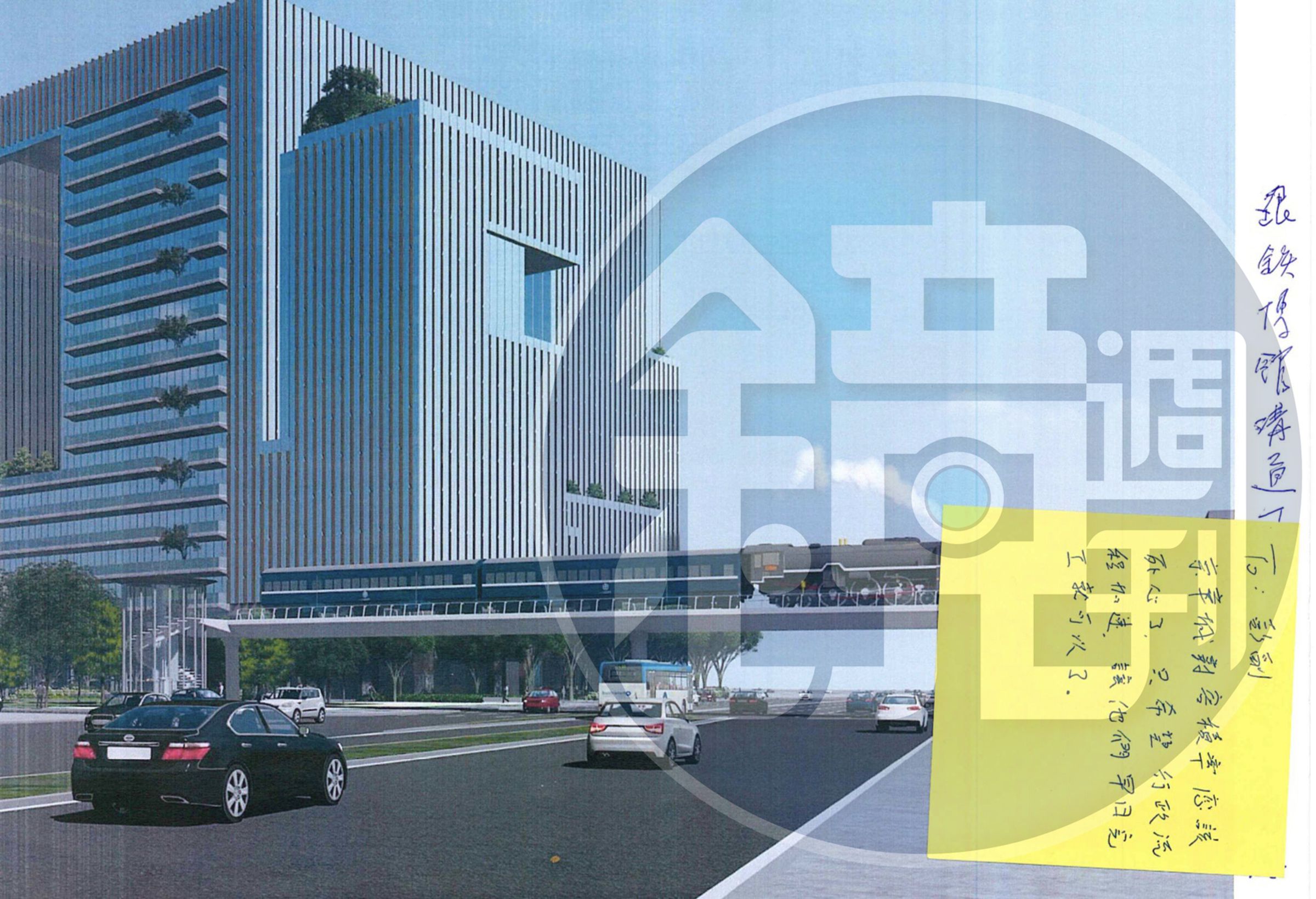 柯文哲在便利貼親筆寫「行政流程加速」等指示,貼在沈慶京提供,有沈親筆批示「跟鐵博館溝通」「全台最大二F1450 1500/M2無樑柱之大禮堂」等字樣的的7張京華城完工示意圖上,下令彭振聲配合辦理。