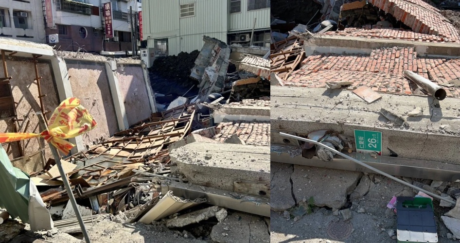 倒塌現場揚起大量粉塵，畫面震撼彷彿災難片場景，令居民心有餘悸。（台南市工務局提供）