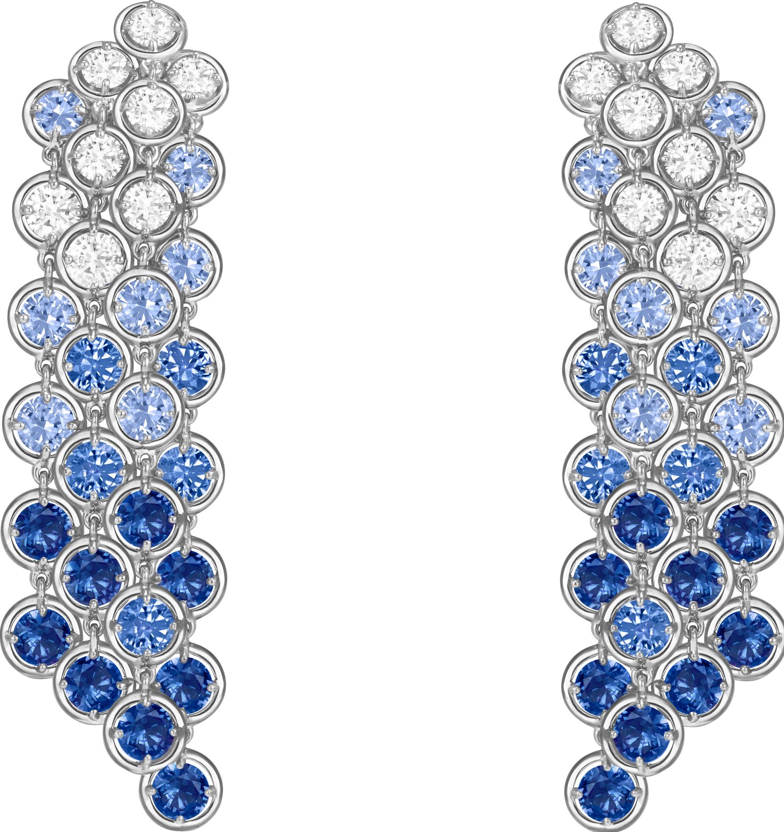Palmyre耳環，4行設計（白K金、藍寶石、鑽石）。（Van Cleef &amp; Arpels提供）