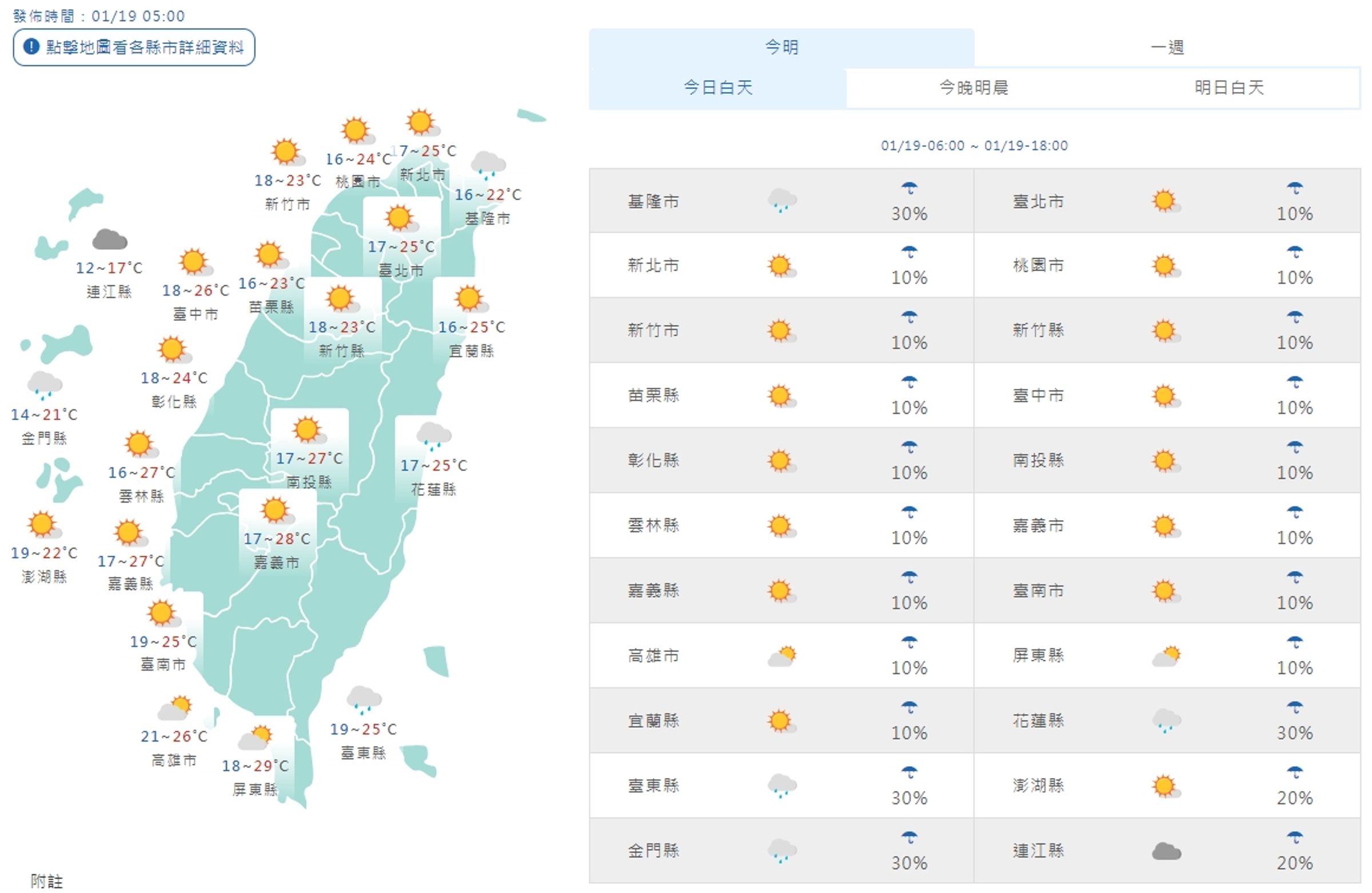 全台各地天氣狀況一覽。(翻攝自中央氣象署官網)