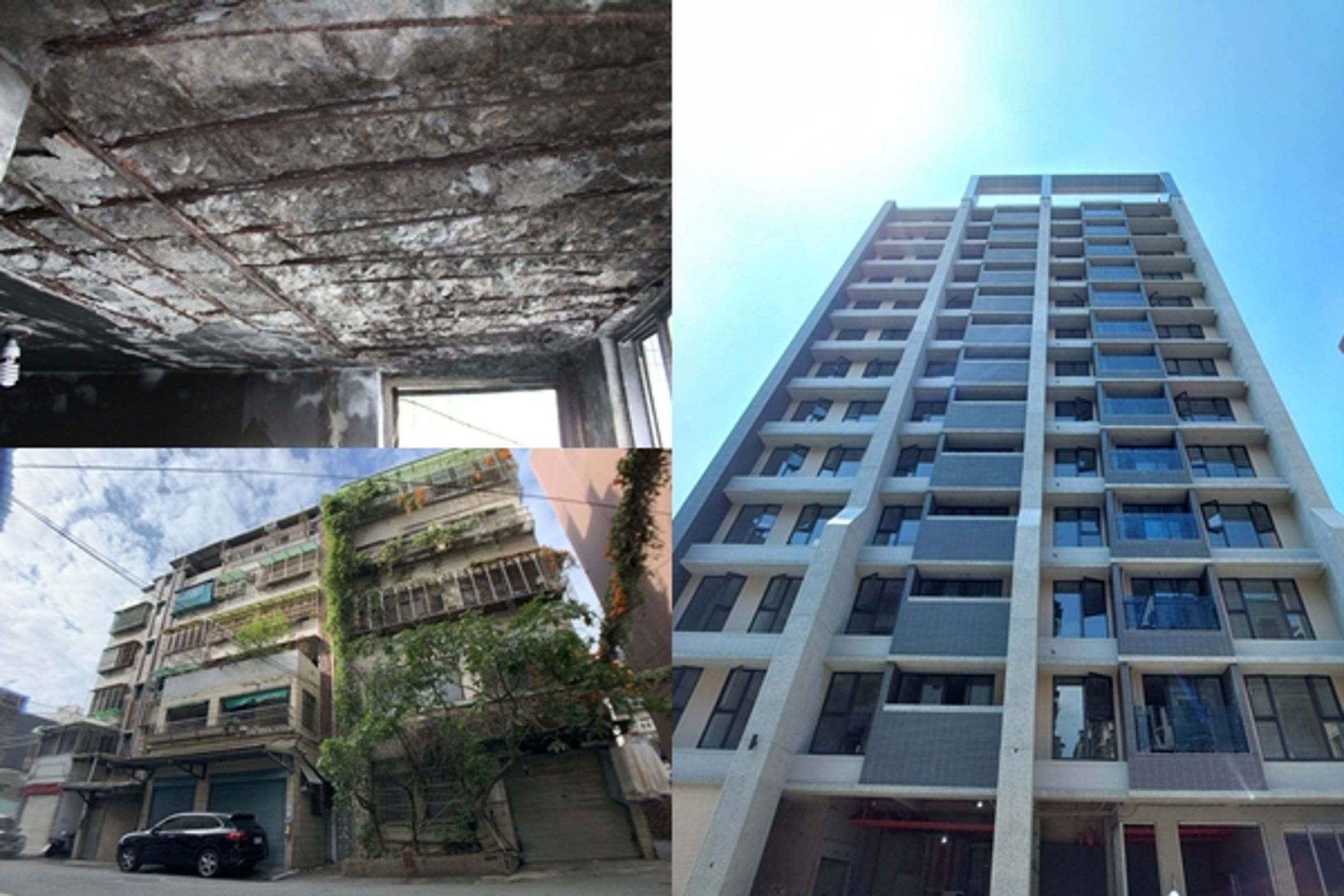 作為新北市最早成功完工的自主更新指標，「蘆洲民義段」過去也是外牆斑駁的老舊建物，在住戶自己當家與公私協力下，111年順利蛻變為防震、美觀的現代大樓。這張改建前後的強烈對比，不僅見證了舊社區市容的翻轉，更證明了由下而上的自主更新，確實能為市民換來安心安居的新生活。（資料畫面／蘆洲民義段都更前後比對圖）