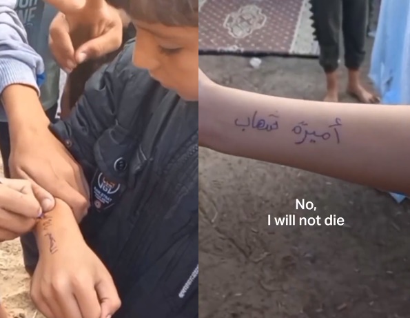 加薩許多父母已做好準備，在孩子身上寫下名字，方便日後認屍。（翻攝推特@eha_news）