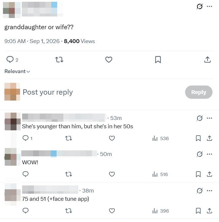 海外網友看到郭台銘與曾馨瑩的合照後，驚訝詢問「孫女還是老婆？」得知曾馨瑩已50多歲後，更忍不住直呼「WOW！」。（翻攝自X）