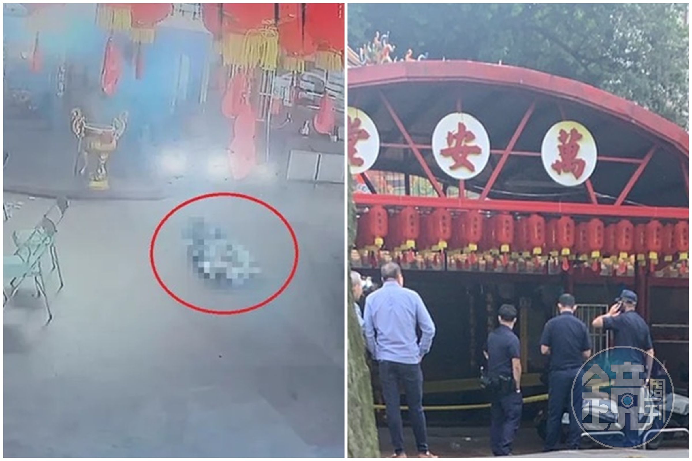 基隆市調和街宮廟萬安堂今（23日）上午發生一起爆炸案件，導致一名年約88歲的湯姓老翁當場臟器外露。（左圖：翻攝自畫面；右圖：讀者提供）