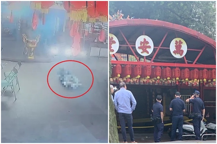 基隆市調和街宮廟萬安堂今（23日）上午發生一起爆炸案件，導致一名年約88歲的湯姓老翁當場臟器外露。（左圖：翻攝自畫面；右圖：讀者提供）