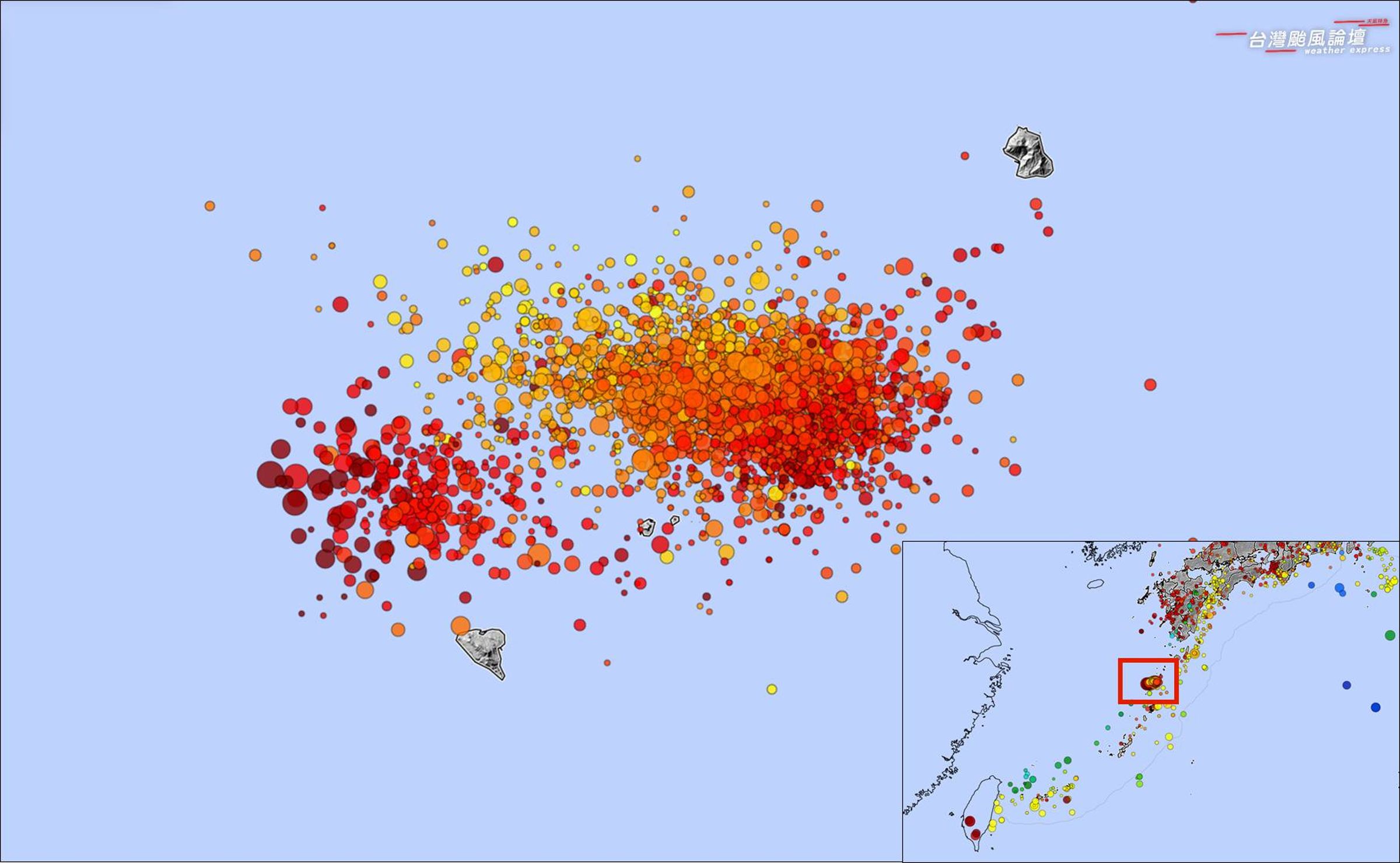 鹿兒島縣吐噶喇列島外海13天累積破1,000次地震。(翻攝自台灣颱風論壇|天氣特急臉書粉專)