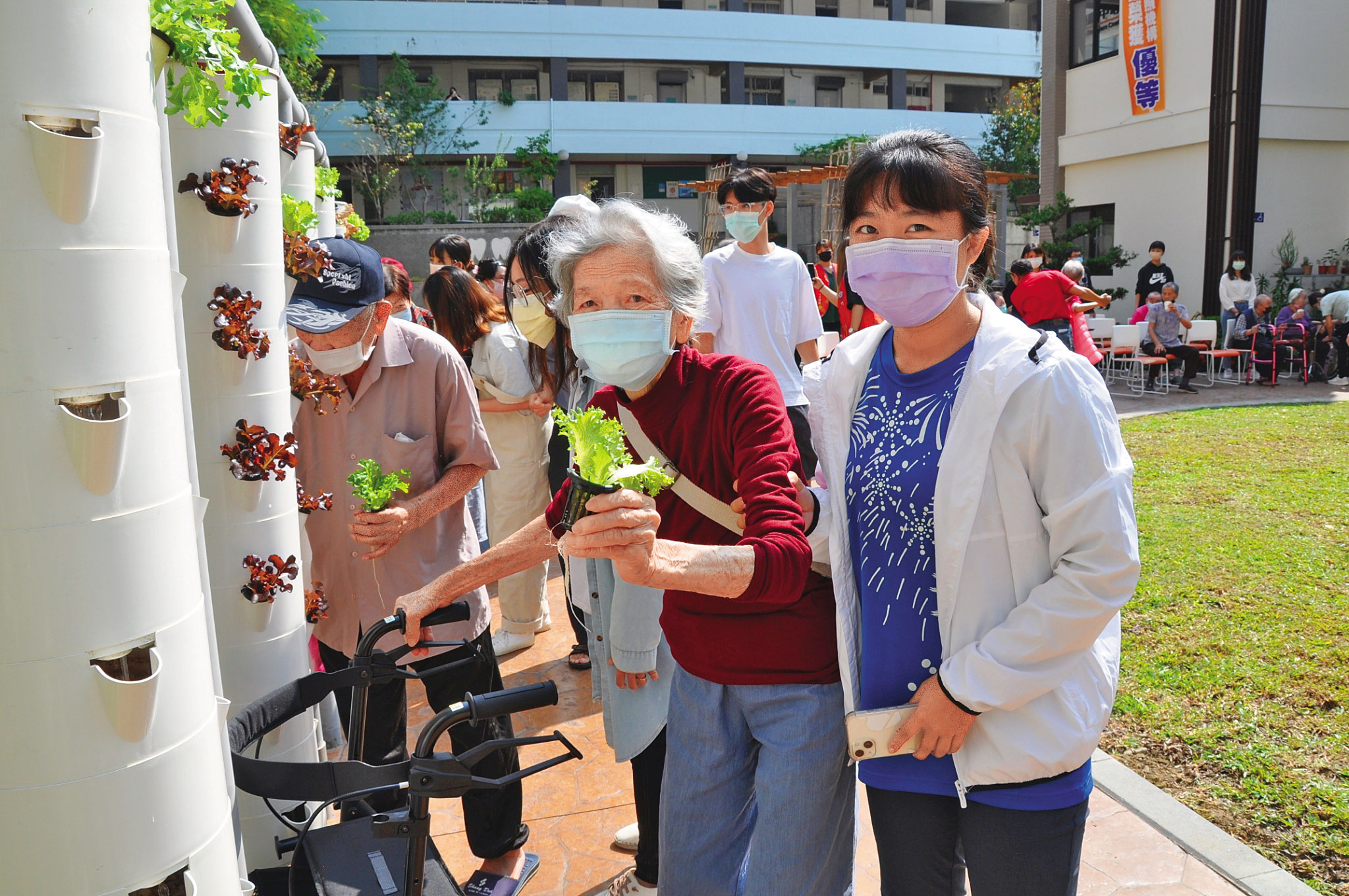 中臺科大利用校園戶外空間設置直立式水耕蔬菜架,高度配合行動不便長者,讓長輩種菜、澆水,把活動變成復能訓練。(中臺科技大學提供)