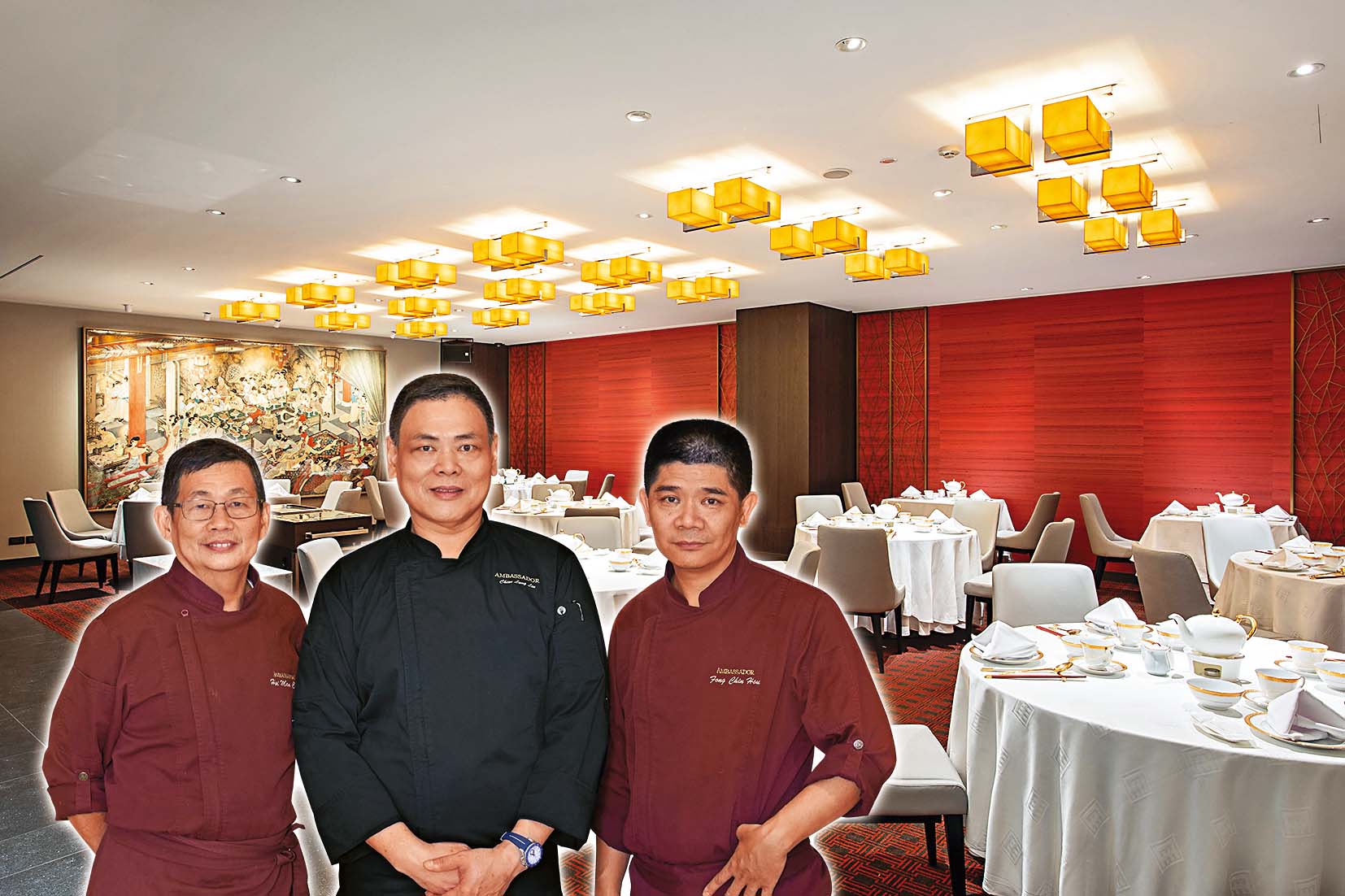 國賓中餐廳三大名廚，由左而由依序為國賓飯店行政主廚陳西滿、行政總主廚林建龍及副行政總主廚徐鳳欽。