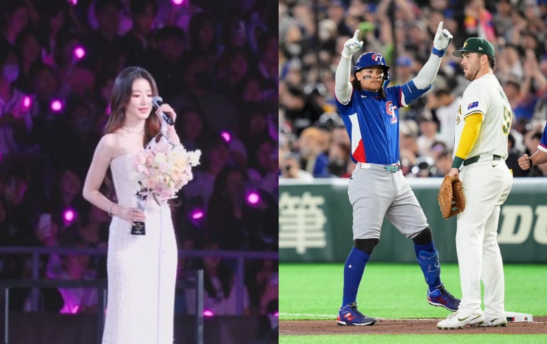 張育成（右圖左）在東京巨蛋接受媒體訪問時，模仿舒華（左圖）喊出「我是誰」，逗笑全場。（左圖為starnews提供）