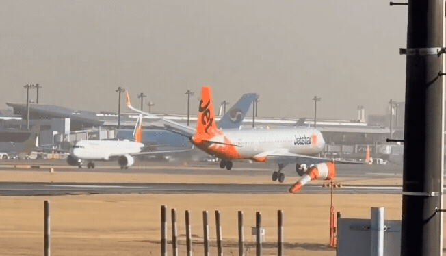 捷星航空班機在惡名昭彰的成田冬季強勁側風中劇烈搖擺。（翻攝自X）