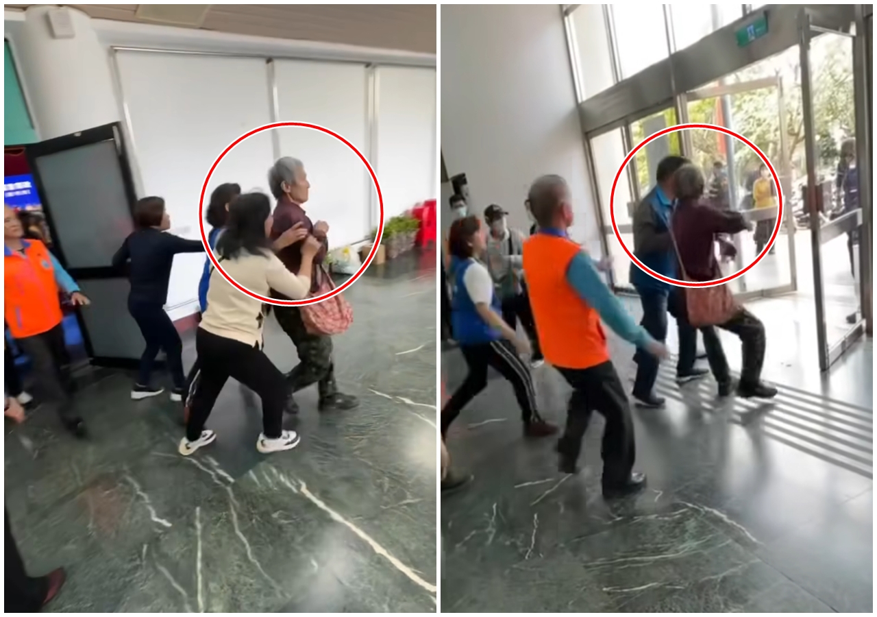 退休教師葉春蓮嗆聲傅崐萁是「通匪」，結果遭人架出場外。（翻攝自周軒臉書）