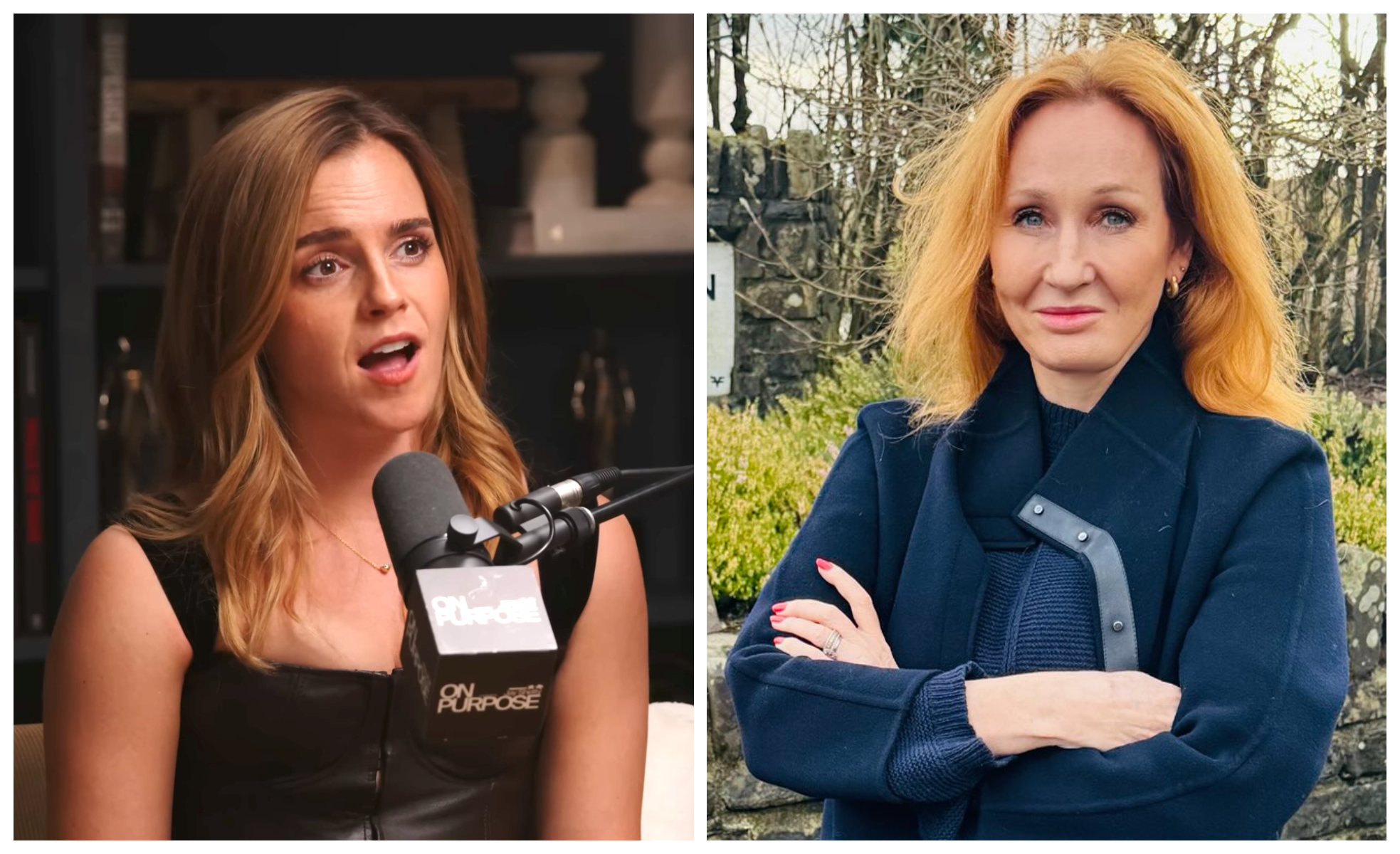 艾瑪華森（左）近日在節目上談到與JK羅琳（右）之間的爭議，羅琳對此回擊。（翻攝 Jay Shetty Podcast YouTube頻道／X@jk_rowling）