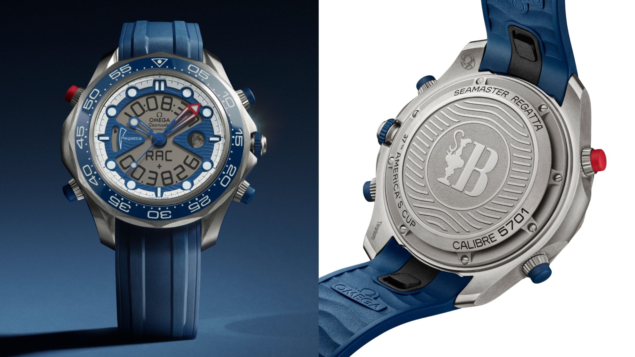 OMEGA Seamaster Regatta｜錶徑46.75mm／鈦金屬錶殼／時、分、秒指示；帆船賽倒數計時；日期顯示；時區、萬年曆顯示；鬧鐘功能／石英機芯／防水50米／定價NT$245,000