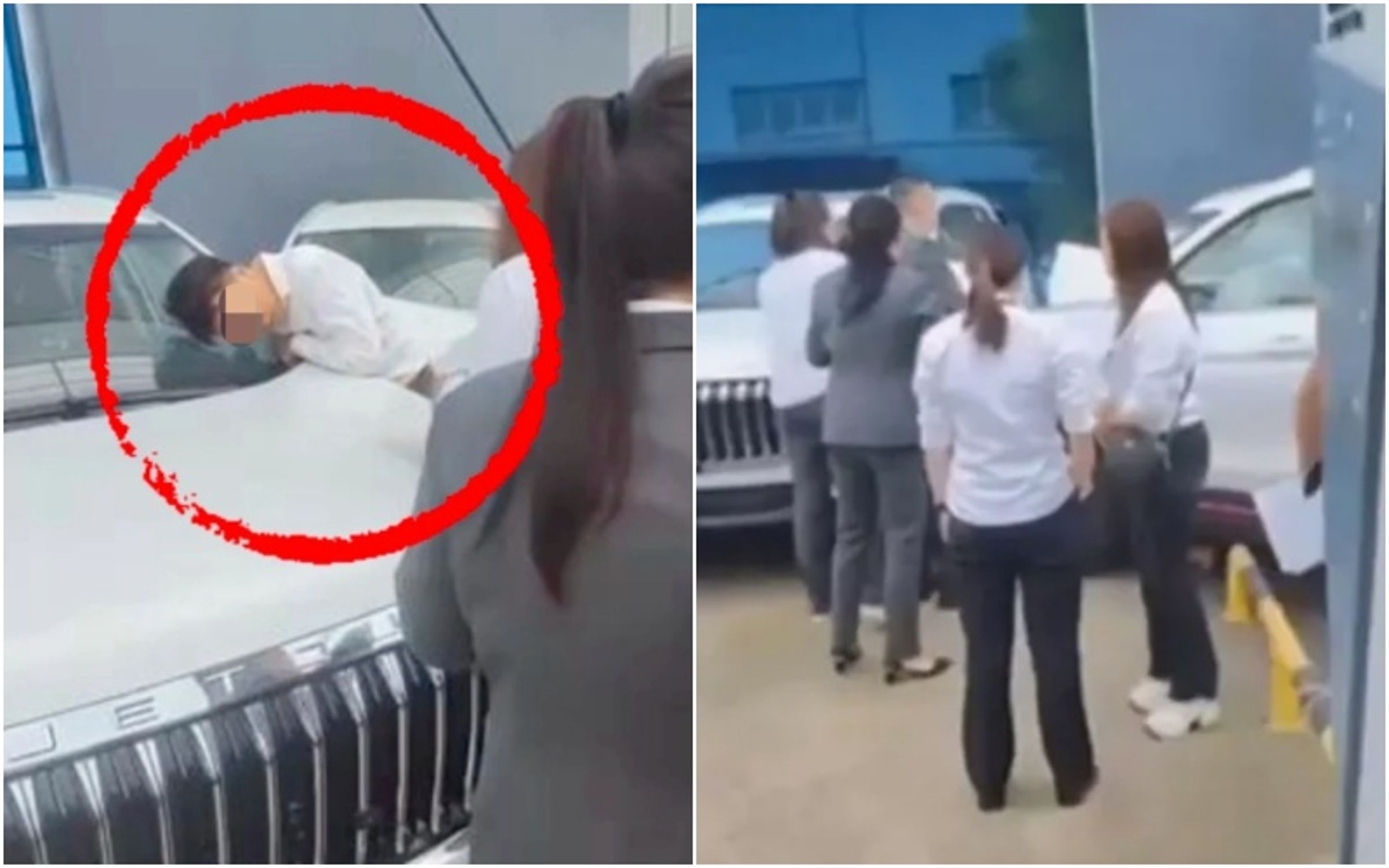 一名顧客疑似不熟悉車輛操作,試駕時撞上另外兩輛車,業務員也被波及。(翻攝自微博)