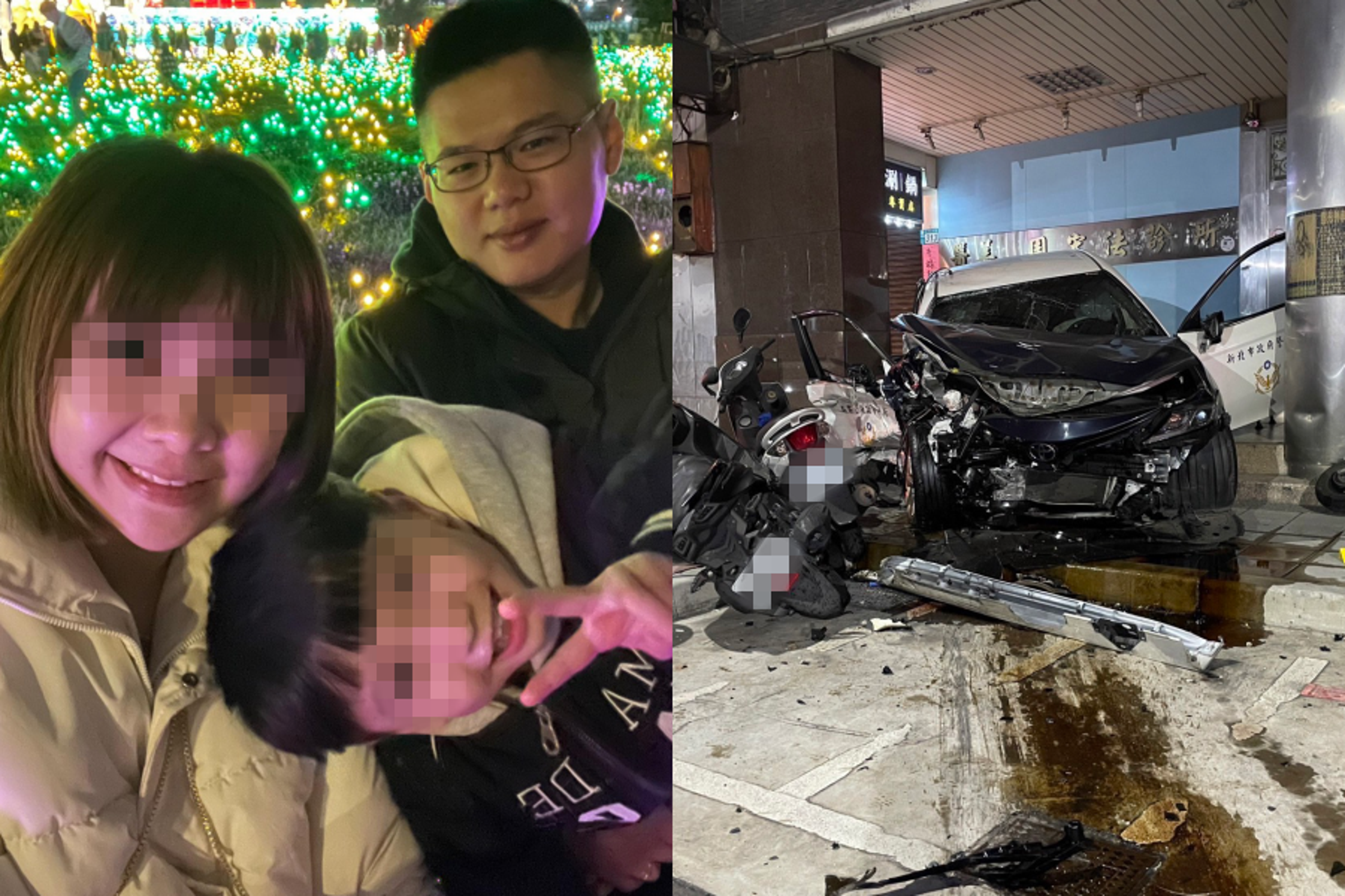 三重員警黃瑋震(左圖右)13日遭毒駕男撞死,留下一對妻小。(翻攝自施佳汶臉書、翻攝畫面)