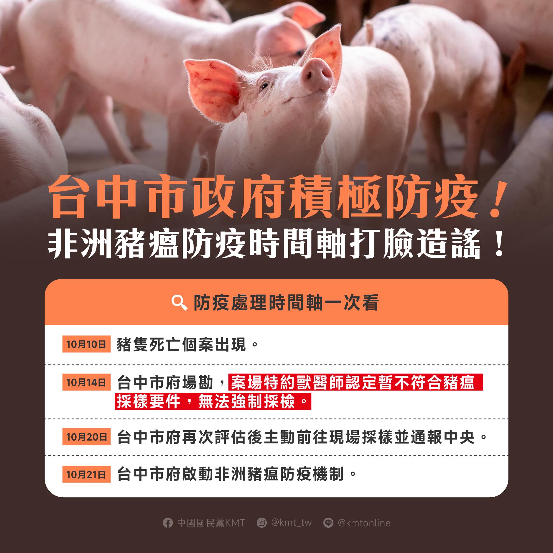 國民黨今po出非洲豬瘟檢疫時間圖卡,卻被網友們留言狠酸。(翻攝自國民黨臉書)
